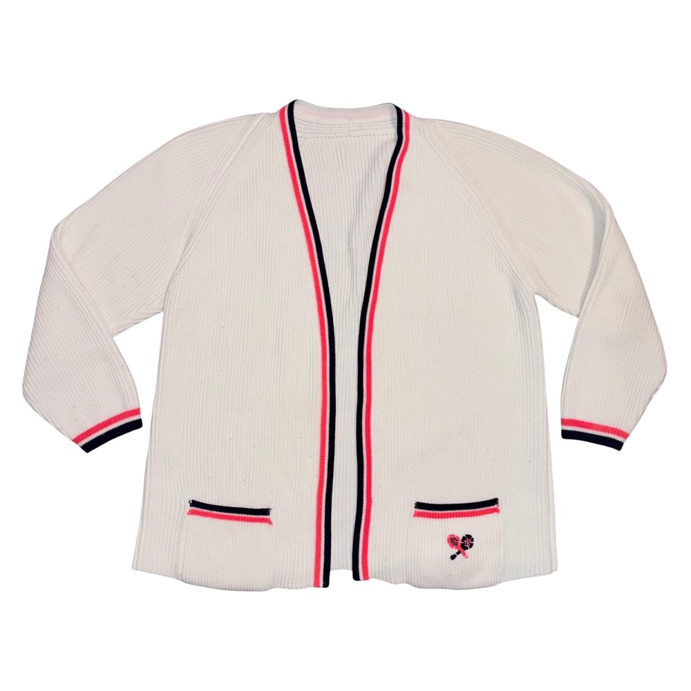 Vintage Tennis Cardigan Sweater Cream White Navy Red Stripe Rib Knit Open Front
